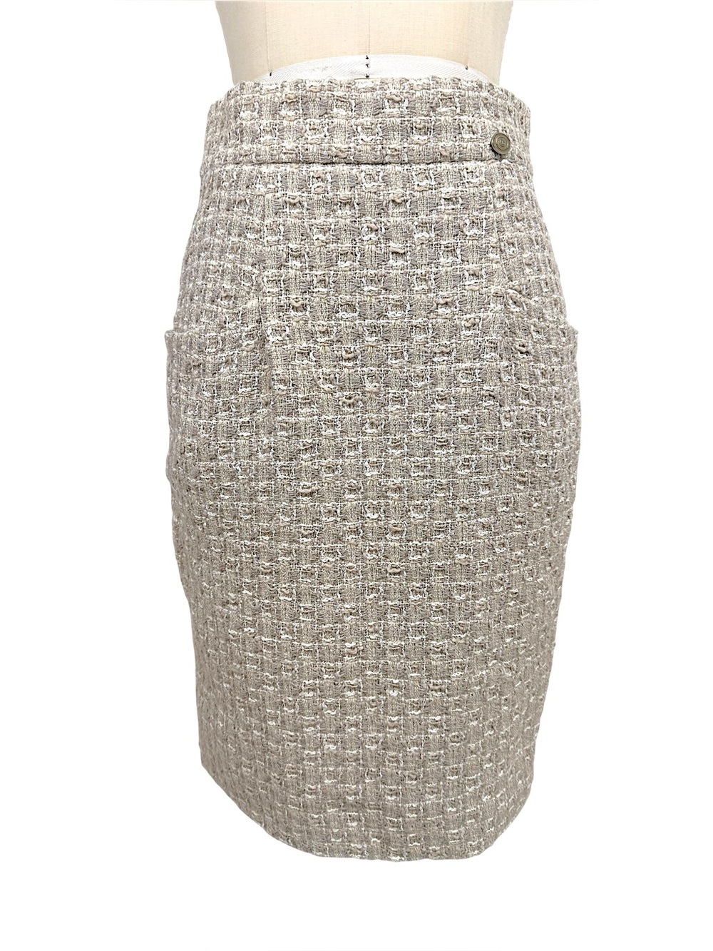 Chanel Beige Ivory Tweed Pencil Skirt CC Bouclé France FR 34